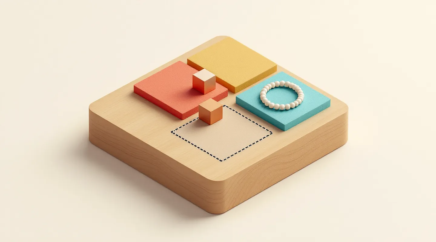 Isometric tabletop diorama showing four small cardboard tiles for the KLOW peptide components arranged around an empty combination-evidence tile